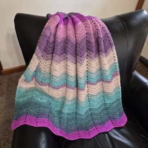 Handmade Crochet Chevron Blanket in Purple, Pink, Teal, Cream